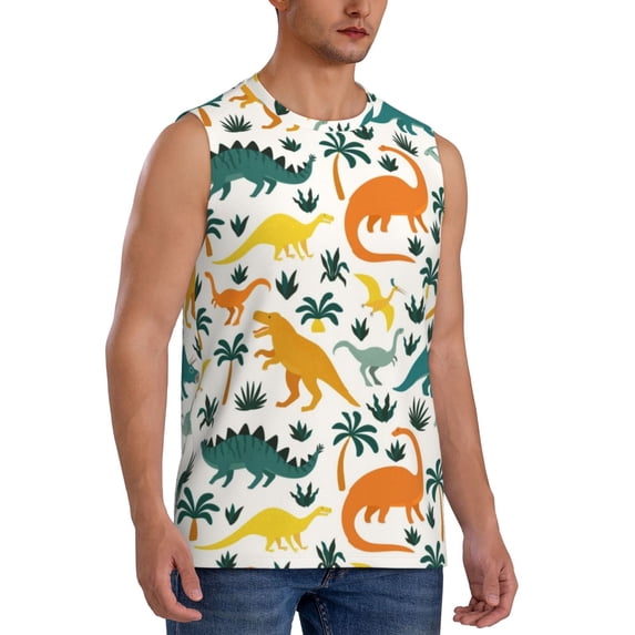 Lsque Dinosaurs and Tropical Leaves Print Men's Cotton Blend Sleeveless Muscle Shirts (S-3XL)- Moisture Wicking, Odor Protection, UPF 30+,Small