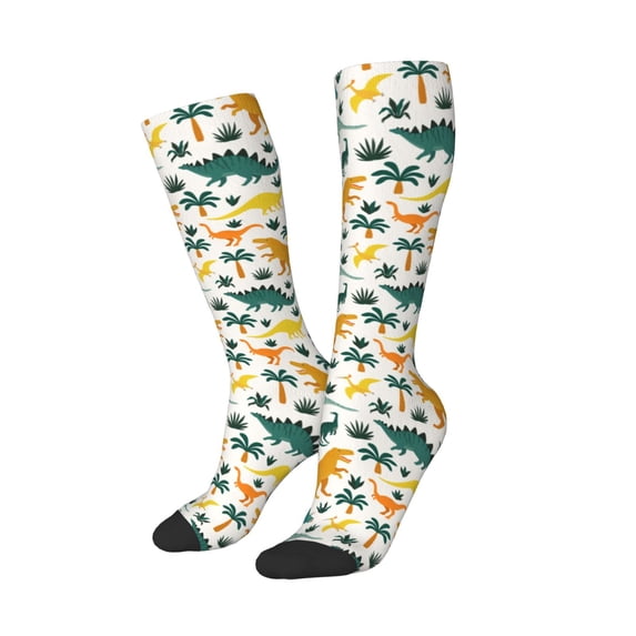 Lsque Dinosaurs and Tropical Leaves Printed Crew Socks Men's Women's LightWeight Thin Casual Calf Socks ,Knee High Socks,Cotton Socks
