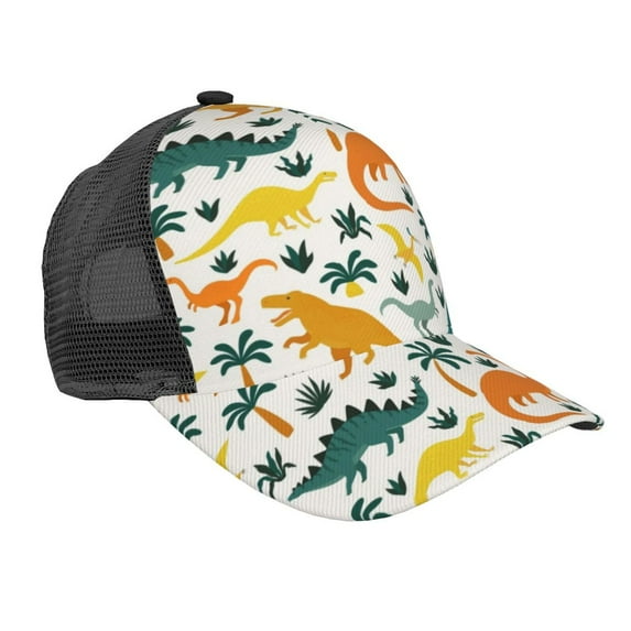 Lsque Dinosaurs and Tropical Leaves Printed Trucker Hat - Baseball Cap for Men Women - Breathable Mesh Side, Adjustable Fit - for Casual Wear