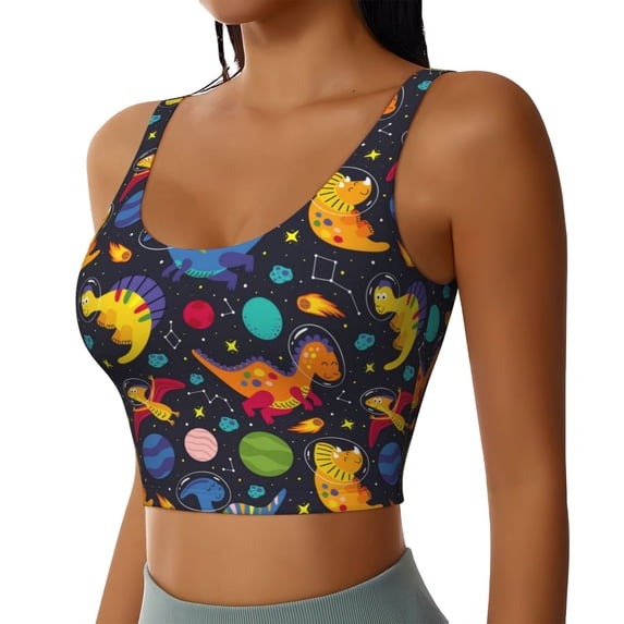 Lsque Dinosaurs in Space Printed Women'S Sports Bra, Compression, Moisture Wicking, High-Impact Sports Bra For Women,Supportive sports bra-