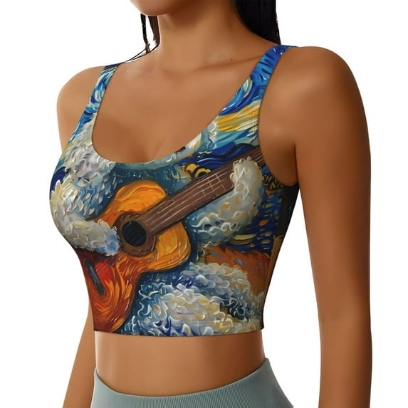 Lsque Dog Guitar Starry Night Printed Women'S Sports Bra, Compression, Moisture Wicking, High-Impact Sports Bra For Women,Supportive sports bra-Large