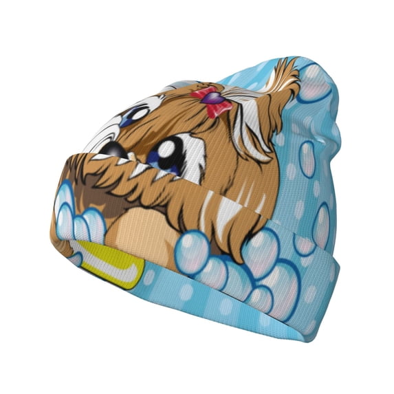 Lsque Dog Takes a Bath in the Bathtub Pattern Knitted Beanie, Unisex Winter Hat, Knit Hat Winter Beanies Thick Fisherman Beanies Cuffed Plain Skull Caps