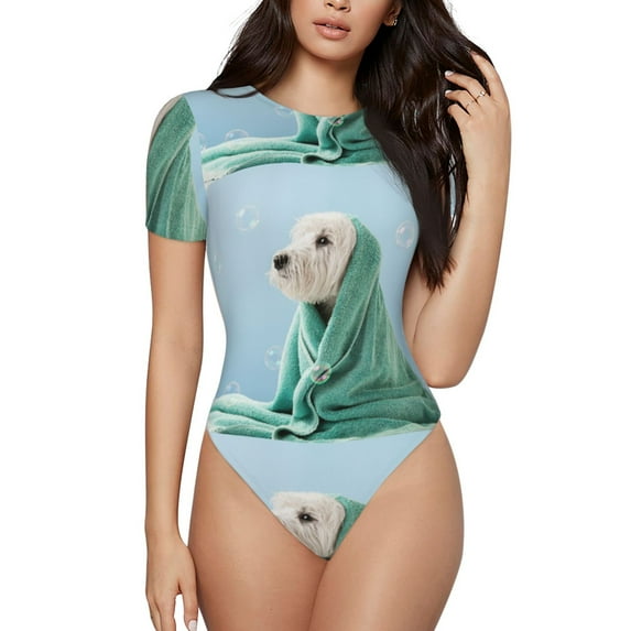 Lsque Dog Wrapped in Towel Women's Crew Neck Short Sleeve Bodysuit Basic T Shirts Tops Onesie Adult Cute Pajama-X-Large