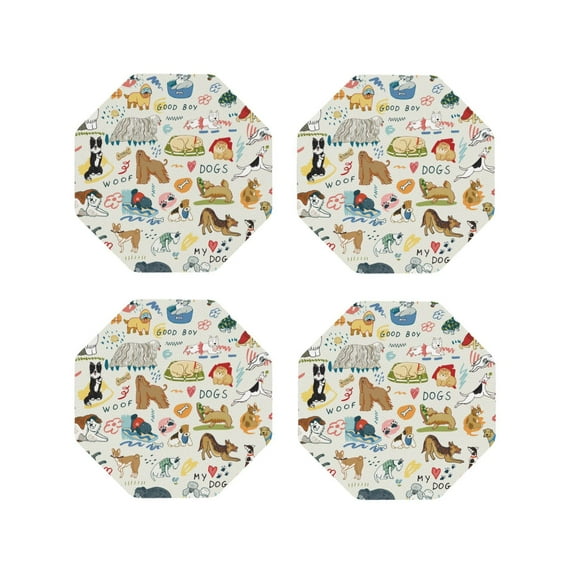 Lsque Dogs Funny Pets Pattern 4" Drink Coasters Set of 4, PVC Leather Absorbent Coasters, Table Coaster Set Decorative Coffee Cup Coasters Housewarming Gift -Octagon
