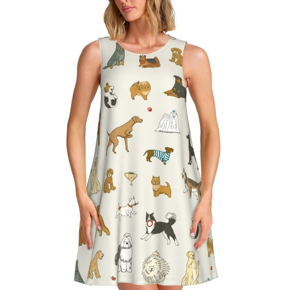 Lsque Dogs Funny Pets Pattern Summer Dresses for Women – Sleeveless T-Shirt Swing Sundress, Perfect for the Beach and Casual Days