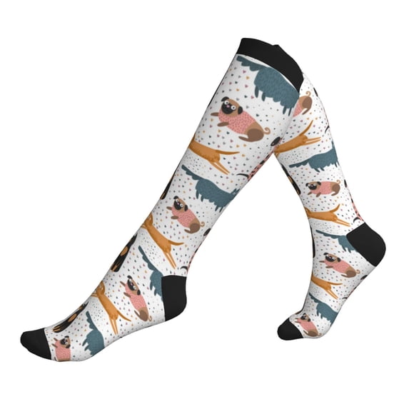 Lsque Dogs Pug Pattern Sport Compression Socks for Men & Women 15-20 mmHg Knee High Nurse Pregnant Running Medical and Travel Athletic
