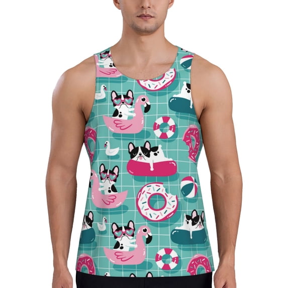 Lsque Dogs With Swimming Pattern Mens Tank Tops Muscle Athletic Quick Dry Sleeveless Workout Fitness T Shirts Beach Tank Top, Loose-fit Sleeveless Shirt for Men-Large