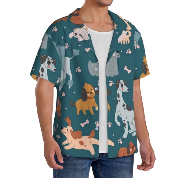 Lsque Dogs print Men's Cuban Collar Short Sleeve Shirt Summer Beachwear Casual Button Down Fashionable Vacation Leisure Shirt-4X-Large