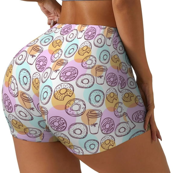 Lsque Donuts and Coffee Pattern High Waisted Biker Shorts for Women-Tummy Control Fitness Athletic Workout Running Yoga Gym Shorts,Moisture-Wicking-Large