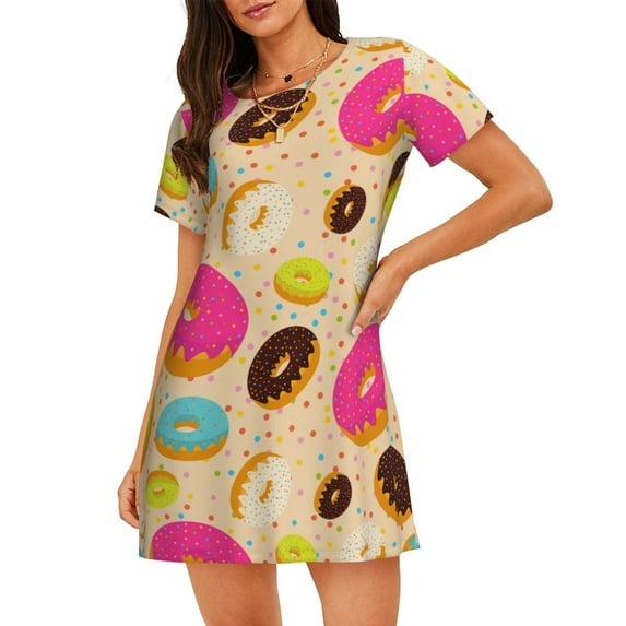 Lsque Donuts Pattern Nightgowns for Women Sleep Shirts Short Sleeve Nightshirt Pullover Nightdress Soft Sleepwear Relaxed Fit Nightdress