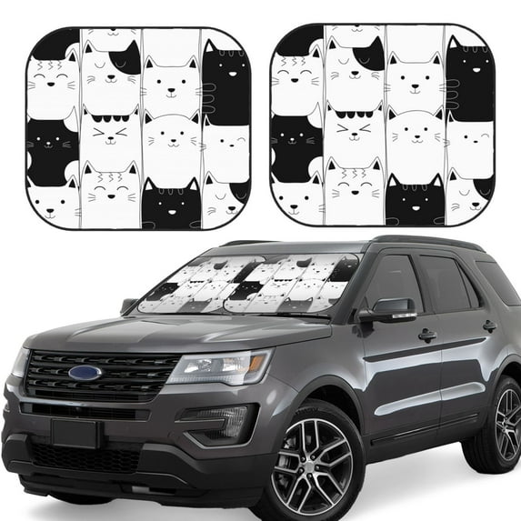 Lsque Doodle Cute Cat 2 PCS Windshield Sun Shade | CarFoldable Window Covers | Car Accessories Reflect UV for Universal Cars SUV Truck | Medium