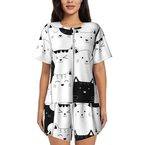 Lsque Doodle Cute Cat Women's Short-Sleeved Pajama Set - 2 Piece Soft and Lightweight Sleepwear Set-X-Large