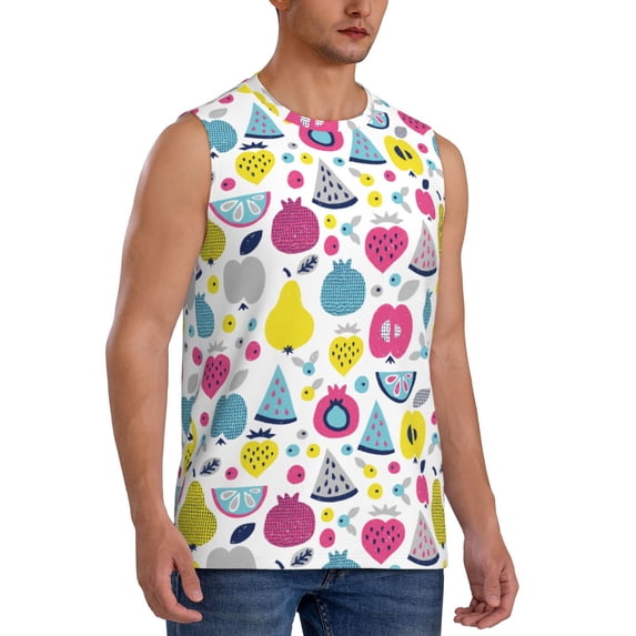 Lsque Doodle Fruits Print Men's Cotton Blend Sleeveless Muscle Shirts (S-3XL)- Moisture Wicking, Odor Protection, UPF 30+,Large