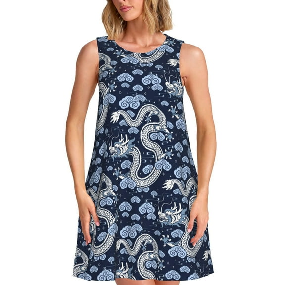 Lsque Dragon Pattern Summer Dresses for Women – Sleeveless T-Shirt Swing Sundress, Perfect for the Beach and Casual Days