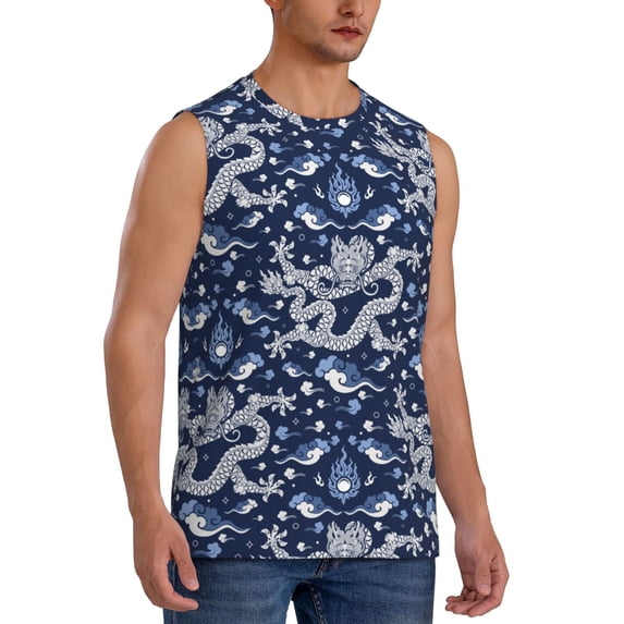 Lsque Dragon Print Men's Cotton Blend Sleeveless Muscle Shirts (S-3XL)- Moisture Wicking, Odor Protection, UPF 30+,Small