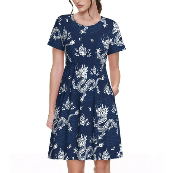 Lsque Dragon Print Women's Casual Dress T-Shirt Summer Short Sleeve Scoop Neck Swing Dresses