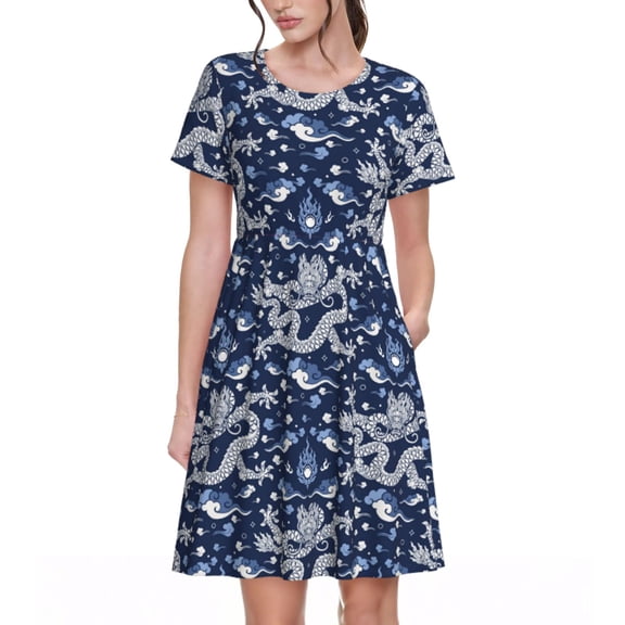 Lsque Dragon Print Women's Casual Dress T-Shirt Summer Short Sleeve Scoop Neck Swing Dresses