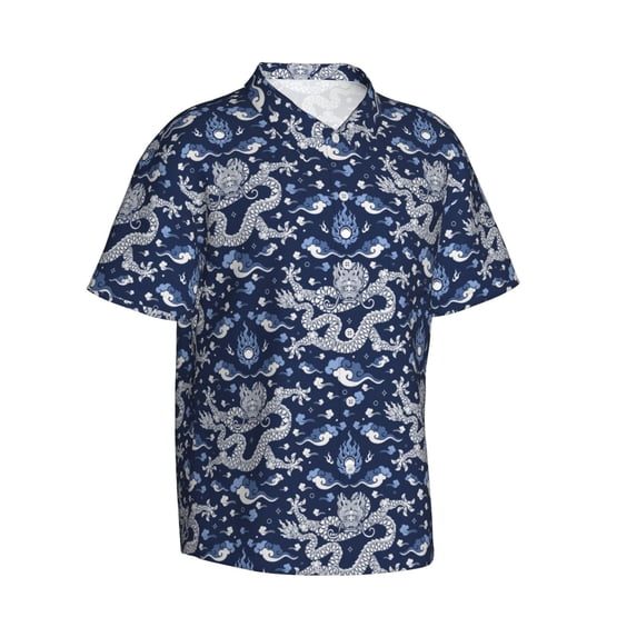 Lsque Dragon pattern Hawaiian Shirt for Men, Unisex Summer Beach Casual Short Sleeve Button Down Shirts-Medium
