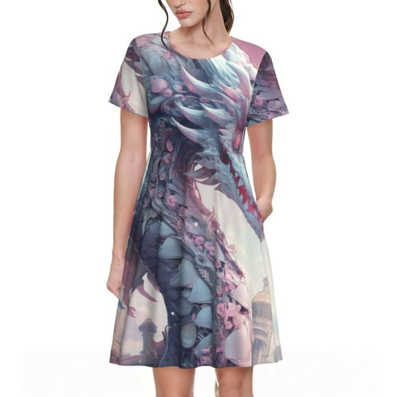 Lsque Dragon1 Print Women's Casual Dress T-Shirt Summer Short Sleeve Scoop Neck Swing Dresses
