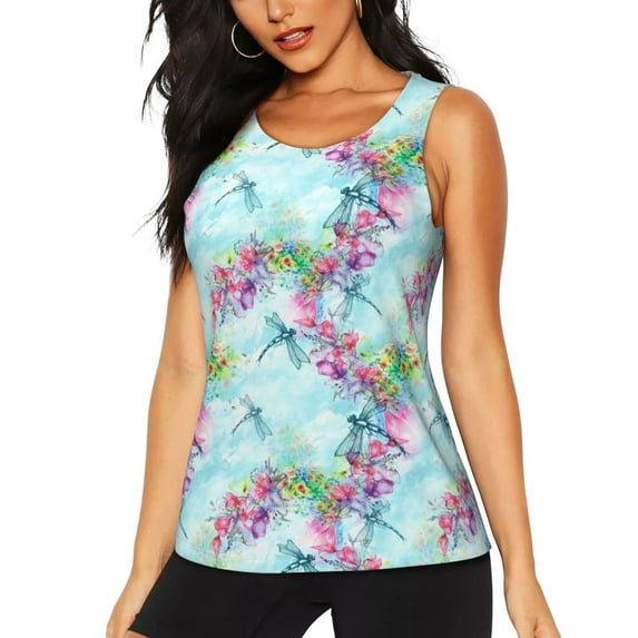 Lsque Dragonfly Floral Printed Workout Tank Tops for Women, Athletic Sports Tank Tops, Compression Sleeveless Dry Fit Shirts,Sleeveless Yoga Shirt-Large