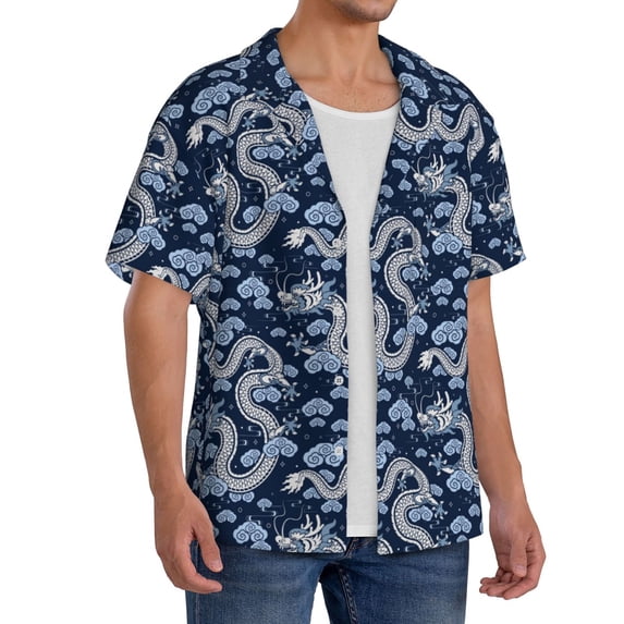 Lsque Dragons print Men's Cuban Collar Short Sleeve Shirt Summer Beachwear Casual Button Down Fashionable Vacation Leisure Shirt-Medium