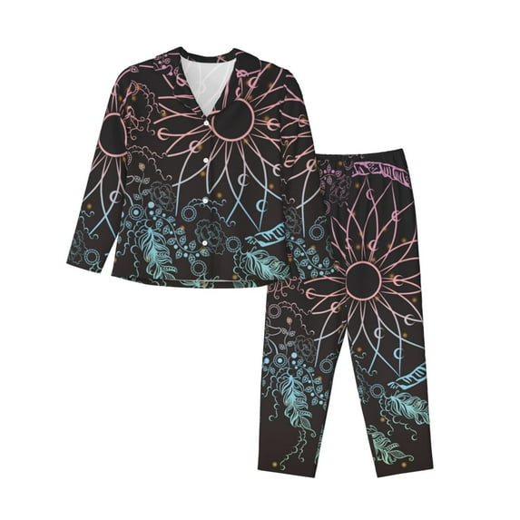 Lsque Dreamcatcher Pattern Long Sleeve Pajama Set for Women - Soft 2-Piece Sleepwear and Loungewear Set with Pockets, Comfy Nightwear-Large