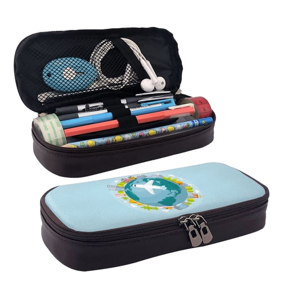 Lsque Dreaming Travel Printed Big Capacity PU Leather Pencil Case Large Pencil Pouch Stationery Pen Bag Pencil Holder for Teen