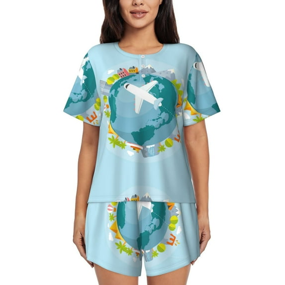 Lsque Dreaming Travel Women's Short-Sleeved Pajama Set - 2 Piece Soft and Lightweight Sleepwear Set-Large