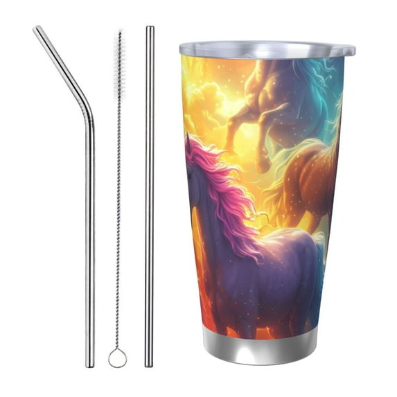 Lsque Dreamy Night Sky White Horse Pattern 20oz Car Cup with Lid and Straw, Insulated Coffee Cup with Straw Topper, Spill Proof Travel Coffee Mug, Stainless Steel Tumble-Straw Three-piece Set