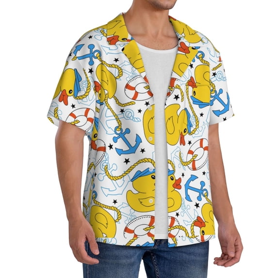 Lsque Ducks and Anchors print Men's Cuban Collar Short Sleeve Shirt Summer Beachwear Casual Button Down Fashionable Vacation Leisure Shirt-4X-Large