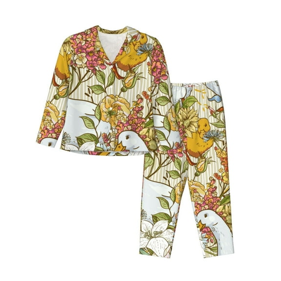 Lsque Ducks and Flowers Pattern Long Sleeve Pajama Set for Women - Soft 2-Piece Sleepwear and Loungewear Set with Pockets, Comfy Nightwear-