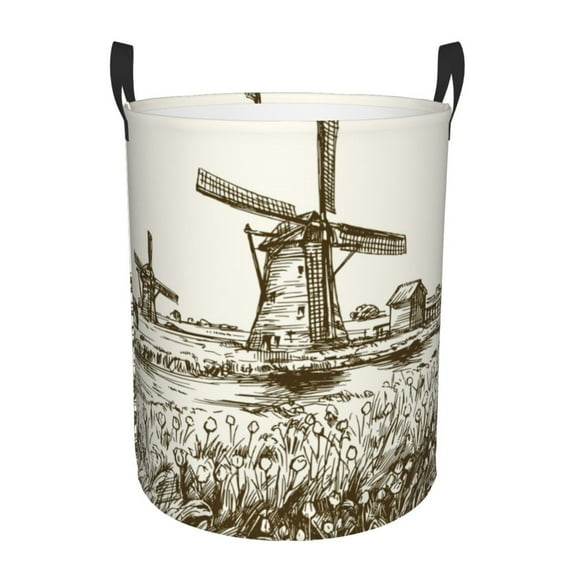 Lsque Dutch Windmill Pattern Laundry Hamper Basket, Tall Woven Rope Hamper Basket for Clothes, Lightweight Storage Basket, Collapsible Waterproof-Small