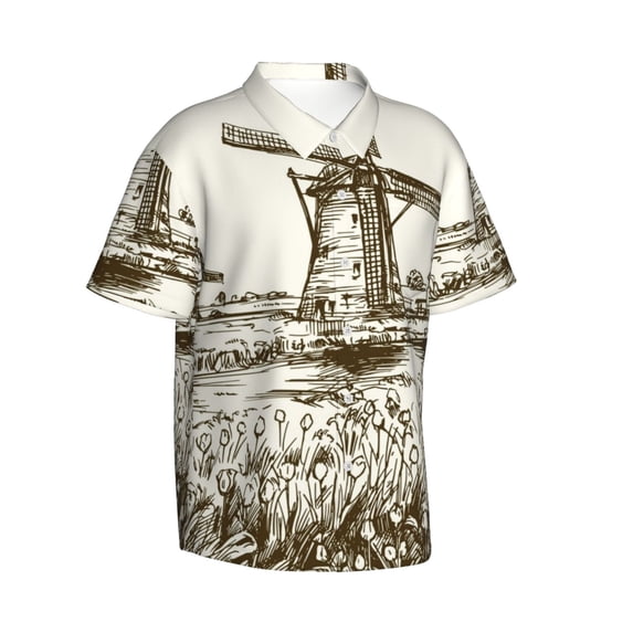 Lsque Dutch Windmill pattern Hawaiian Shirt for Men, Unisex Summer Beach Casual Short Sleeve Button Down Shirts-3X-Large