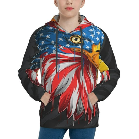 Lsque Eagle Head With American Flag Patten Youth Hoodie Sweatshirt Pullover with Kangaroo Pocket Boys and Girls Hoodie Warm Hoodie for Kids-X-Large
