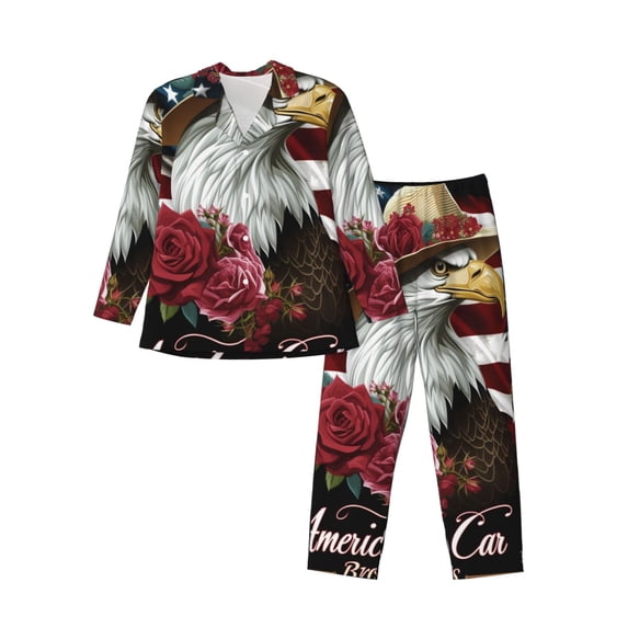 Lsque Eagle With Hat And Roses Pattern Long Sleeve Pajama Set for Men - Soft 2-Piece Sleepwear and Loungewear Set with Pockets, Comfy Nightwear-XX-Large