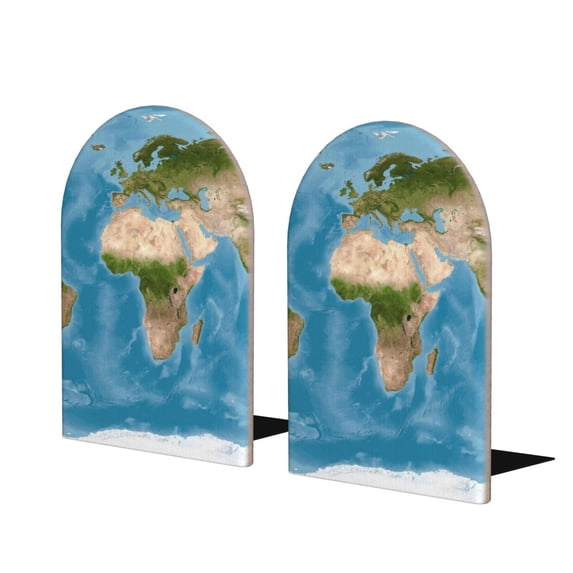 Lsque Earth View World Map Printed Wood Bookends,Non-Skid Bookend for Shelves,Heavy Duty Support Bookends,Non-Slip Foam Pads for Office, Home, and Library,1 Pair