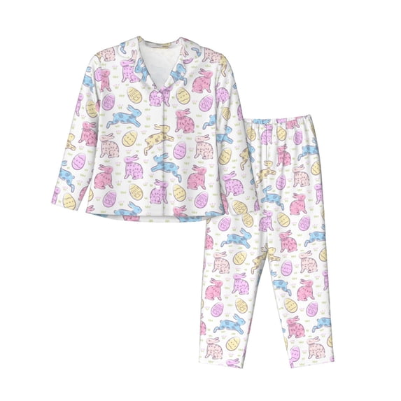 Lsque Easter Colorful Rabbit Pattern Long Sleeve Pajama Set for Women - Soft 2-Piece Sleepwear and Loungewear Set with Pockets, Comfy Nightwear-X-Large