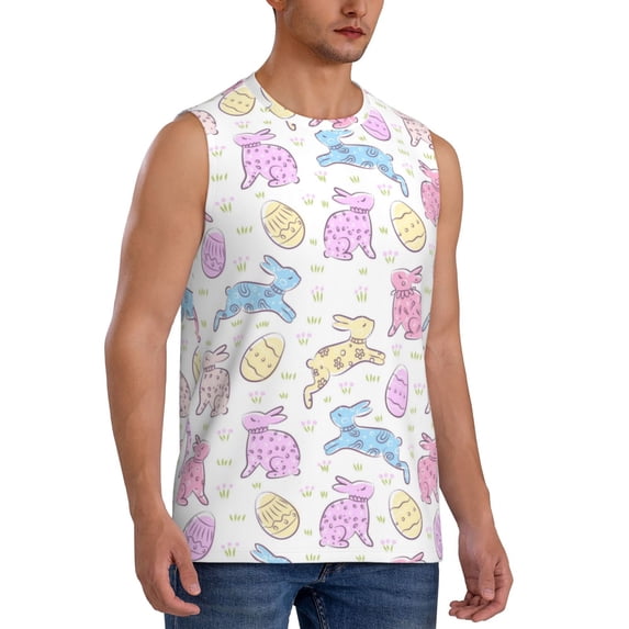 Lsque Easter Colorful Rabbit Print Men's Cotton Blend Sleeveless Muscle Shirts (S-3XL)- Moisture Wicking, Odor Protection, UPF 30+,X-Large