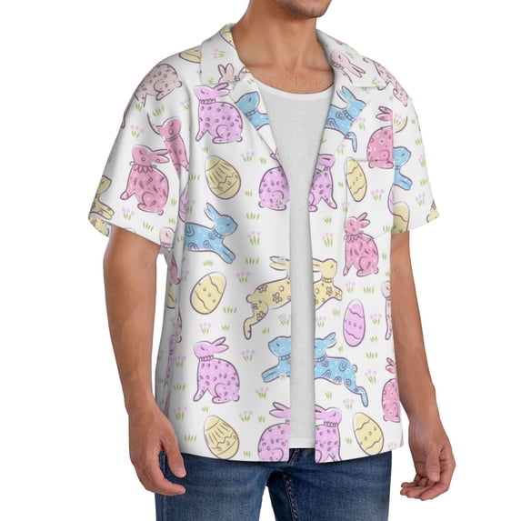 Lsque Easter Colorful Rabbit print Men's Cuban Collar Short Sleeve Shirt Summer Beachwear Casual Button Down Fashionable Vacation Leisure Shirt-XX-Large