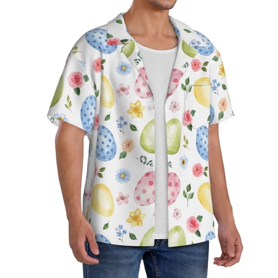 Lsque Easter Egg3 print Men's Cuban Collar Short Sleeve Shirt Summer Beachwear Casual Button Down Fashionable Vacation Leisure Shirt-Small