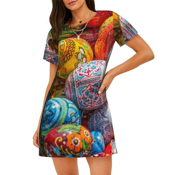 Lsque Easter Eggs Pattern Nightgowns for Women Sleep Shirts Short Sleeve Nightshirt Pullover Nightdress Soft Sleepwear Relaxed Fit Nightdress