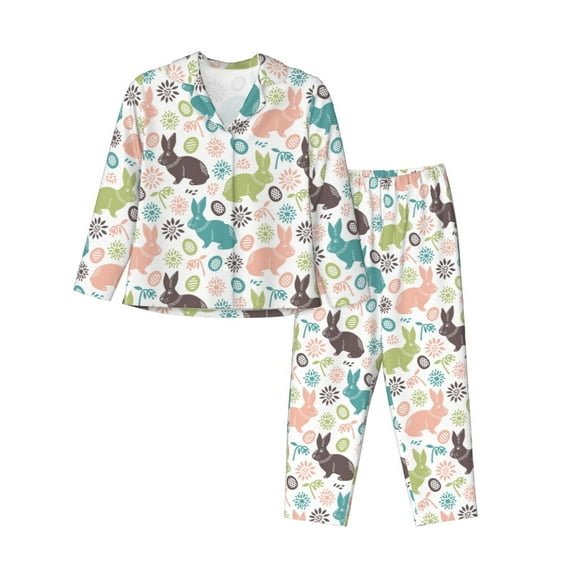 Lsque Easter Rabbit Pattern Long Sleeve Pajama Set for Women - Soft 2-Piece Sleepwear and Loungewear Set with Pockets, Comfy Nightwear-Small