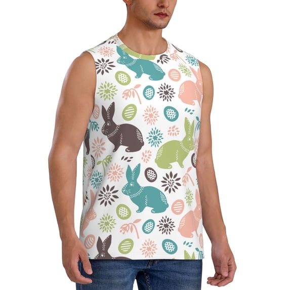 Lsque Easter Rabbit Print Men's Cotton Blend Sleeveless Muscle Shirts (S-3XL)- Moisture Wicking, Odor Protection, UPF 30+,3X-Large