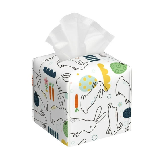 Lsque Easter Rabbit Printed Tissue Box Cover Holder, Facial Paper Organizer Dispenser,Square with Bottom Belt, PVC Leather Decorative Organizer