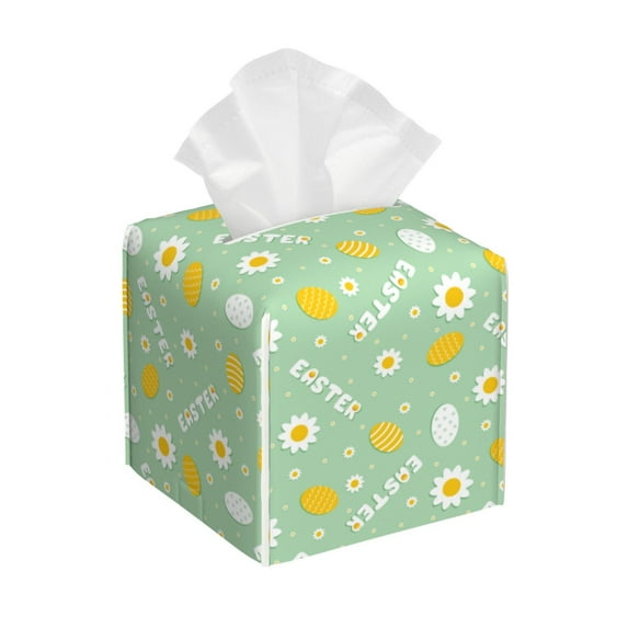 Lsque Easter with eggs and flowers Printed Tissue Box Cover Holder, Facial Paper Organizer Dispenser,Square with Bottom Belt, PVC Leather Decorative Organizer