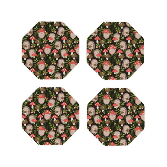 Lsque Edgehog and Mushrooms Pattern 4" Drink Coasters Set of 4, PVC Leather Absorbent Coasters, Table Coaster Set Decorative Coffee Cup Coasters Housewarming Gift -Octagon