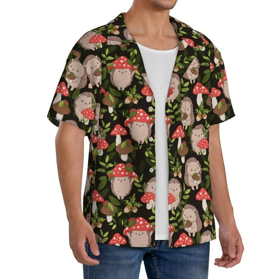 Lsque Edgehog and Mushrooms print Men's Cuban Collar Short Sleeve Shirt Summer Beachwear Casual Button Down Fashionable Vacation Leisure Shirt-4X-Large