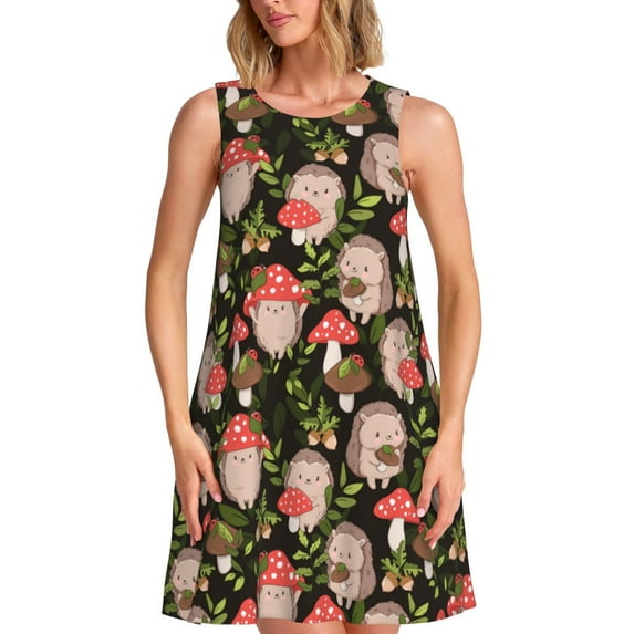 Lsque Edgehog and Mushrooms Pattern Summer Dresses for Women – Sleeveless T-Shirt Swing Sundress, Perfect for the Beach and Casual Days