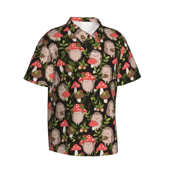 Lsque Edgehog and Mushrooms pattern Hawaiian Shirt for Men, Unisex Summer Beach Casual Short Sleeve Button Down Shirts-3X-Large