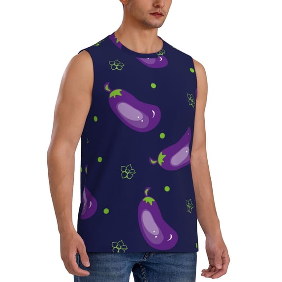Lsque Eggplant Print Men's Cotton Blend Sleeveless Muscle Shirts (S-3XL)- Moisture Wicking, Odor Protection, UPF 30+,3X-Large